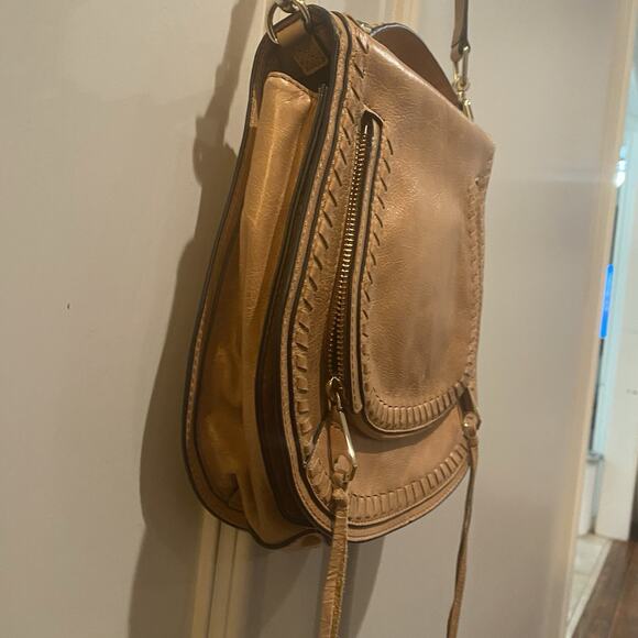 REBECCA MINKOFF Whipstitch Leather Saddle Crossbody Shoulder Bag Flap Brown Tan - Picture 5 of 16